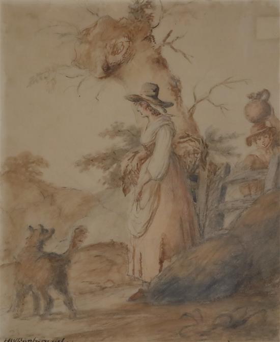 Henry William Bunbury (1750-1811) Welsh woman and dog in a landscape 14 x 12in.